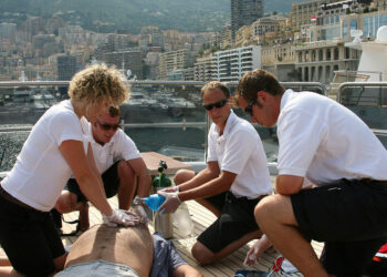 Partnership between MedAire & Red Square Medical to expand onboard training, MTB Events. Image shows the training being conducted by MedAire