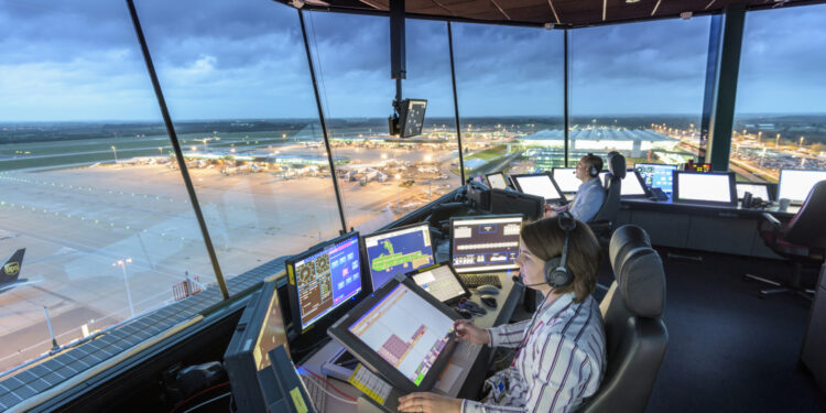UK air traffic services provider, NATS, appoints new non-executive Chair, MTB Events. Image shows air traffic control tower at Stansted Airport