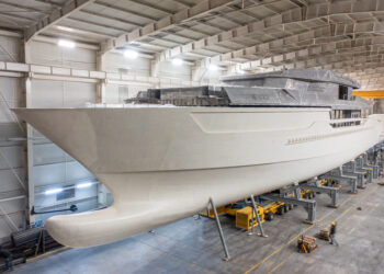 Denison Yachting announces updates on the 62 metre Project Nacre, MTB Events. Image shows Project Nacre in the shed while being worked on.