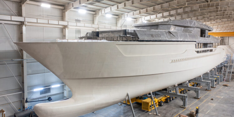 Denison Yachting announces updates on the 62 metre Project Nacre, MTB Events. Image shows Project Nacre in the shed while being worked on.