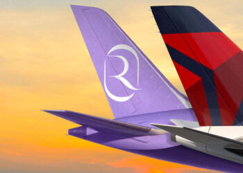 Delta partners with new Saudi Arabian carrier, Riyadh Air, MTB Events. Image shows the tail of two aircraft branded in Riyadh Air and Delta logos