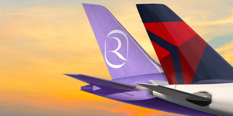 Delta partners with new Saudi Arabian carrier, Riyadh Air, MTB Events. Image shows the tail of two aircraft branded in Riyadh Air and Delta logos