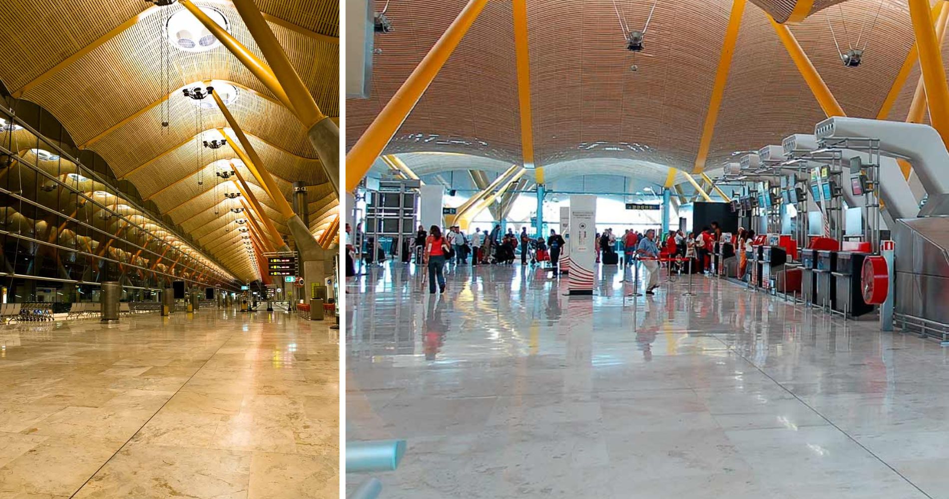 8 of the most beautiful airports in the world, MTB Events. Left Image shows the interior of Aldolfo Suarez Madrid-Barajas Airportat night, the right image shows the check in desks during the day.
