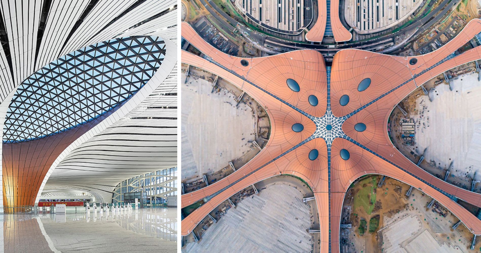 8 of the most beautiful airports in the world, MTB Events. Left image shows the inside of Beijing Daxing international Airport, one of the pillars allowing in sunlight. Right image shows the external shape of the airport from above, displaying a starfish shape.