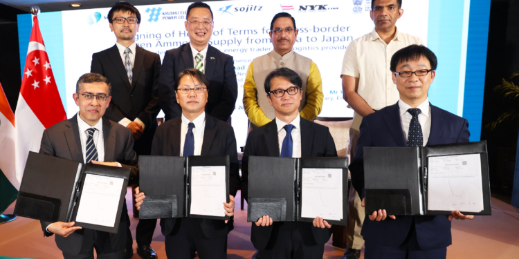 Agreement signed by NYK for the transport of green Ammonia, MTB Events. Image shows Signing Ceremony in India Front row,first from right, Takahiro Rokuroda, Next Generation Fuel Business Group, General Manager of NYK