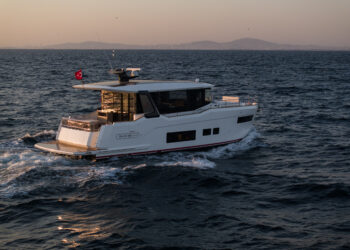 The new Sirena 48 Hybrid Coupe introduces silent electric cruising to the market, MTB Events. Image shows the Sirena 48 Hybrid Coupe sailing at sunset.