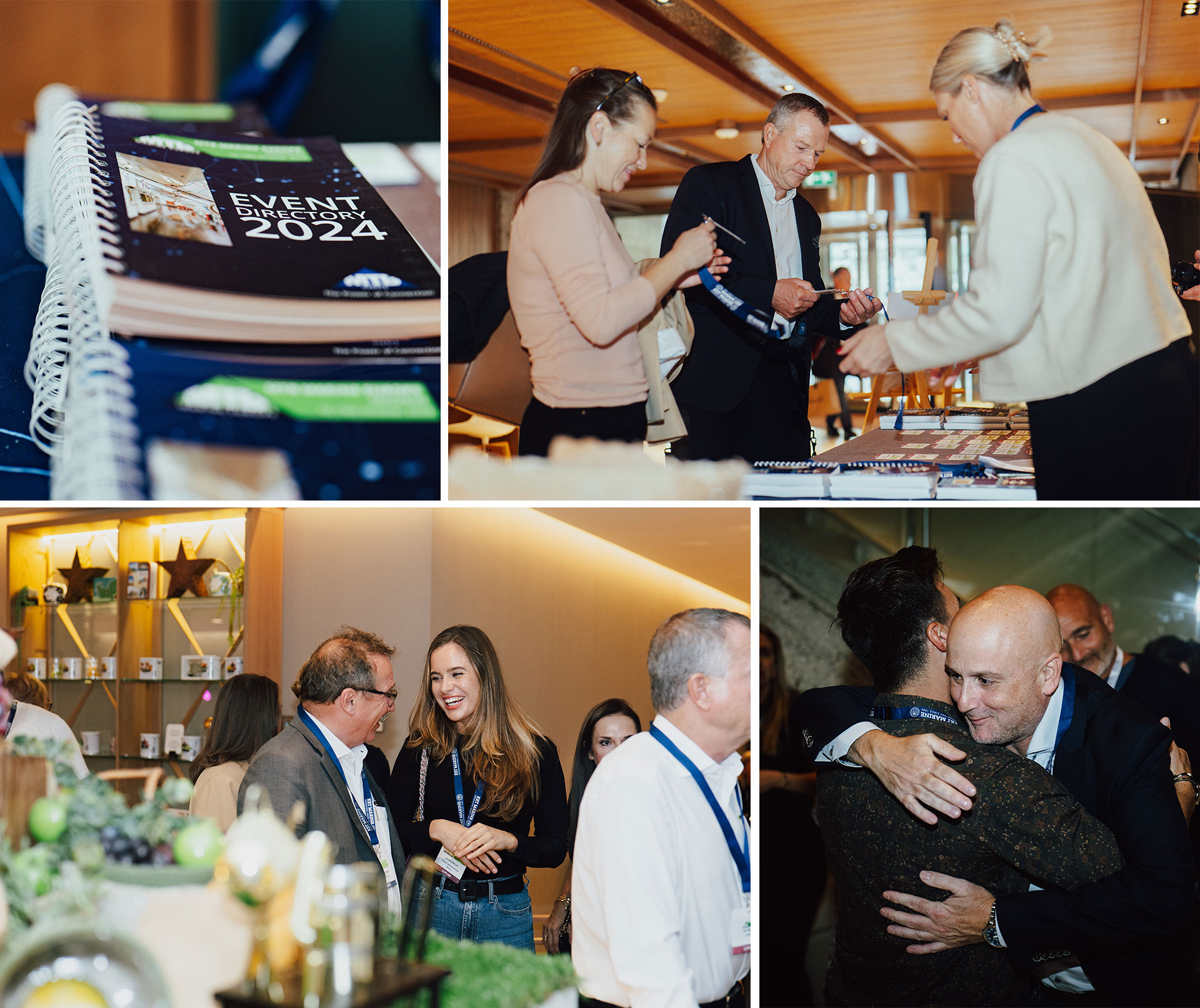 MTB Marine Europe: Another year, another massive triumph!, MTB Events. Image shows a photo collage of 4 images from the registration desk and welcome dinner.
