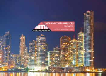 MTB Aviation Americas Launches in Panama: A Global Gathering for Aviation Industry Leaders, MTB Events. Image shows a photo of the skyline of Panama at night with the MTB Aviation Americas logo in the centre