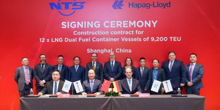 24 new container ships ordered by Hapag-Lloyd, MTB Events. Image shows Front row: Yuan Heng (Vice President NTS), Liu Haijin (CEO NTS), Dr. Maximilian Rothkopf (COO Hapag-Lloyd) Back left to right Zhou Jiliang (Director / Head of Clarksons NB China), Victor Heal (Director / Head of Container S&P), Chen Yajun (Sales Director NTS), Zhang Zhonglin (Vice General Manager NTS), Philipp Joerss (Senior Director Vessel Portfolio Management Hapag-Lloyd), Lars Petz (Manager Sale and Purchase Hapag-Lloyd), Captain Silke Lehmkoester (Managing Director Fleet), Zheng Zhong (Vice General Manager NTS), Ouyang Wenguang (Deputy Director of Sales Dept. NTS), Peter Love (Director / Head of Container NB Clarksons), Michael Rong (Director Clarksons Shanghai)