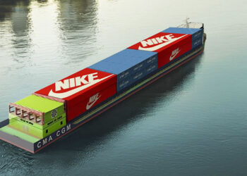 CMA CGM to Launch Zero-Emissions Inland Transport Solution in Vietnam, MTB Events. Image shows a tanker ship with containers made to look like Nike shoe boxes.