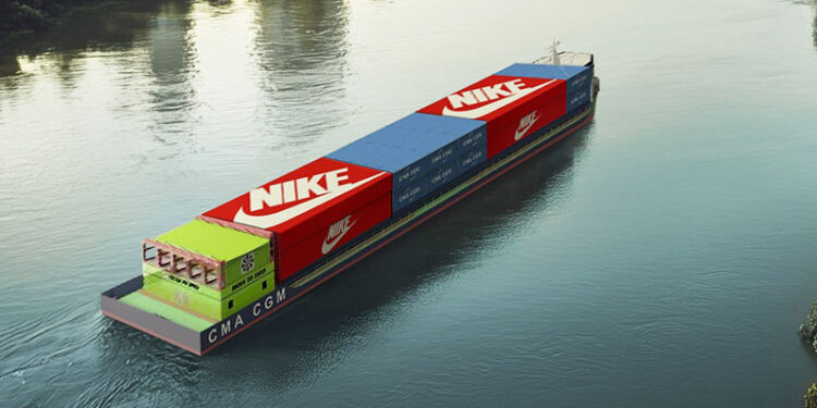 CMA CGM to Launch Zero-Emissions Inland Transport Solution in Vietnam, MTB Events. Image shows a tanker ship with containers made to look like Nike shoe boxes.