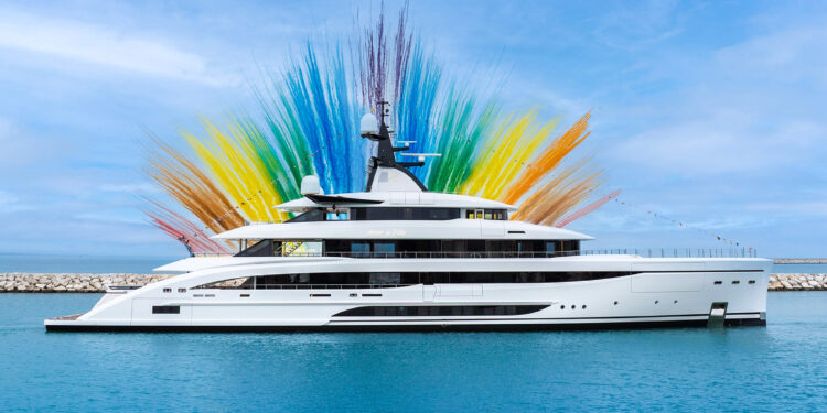 Amor à Vida, a 67 metre superyacht, has ben launched by CRN, MTB Events. Image shows the M/Y Amor à Vida superyacht launching ceremony with the yacht on the water with lots of colours of fireworks behind