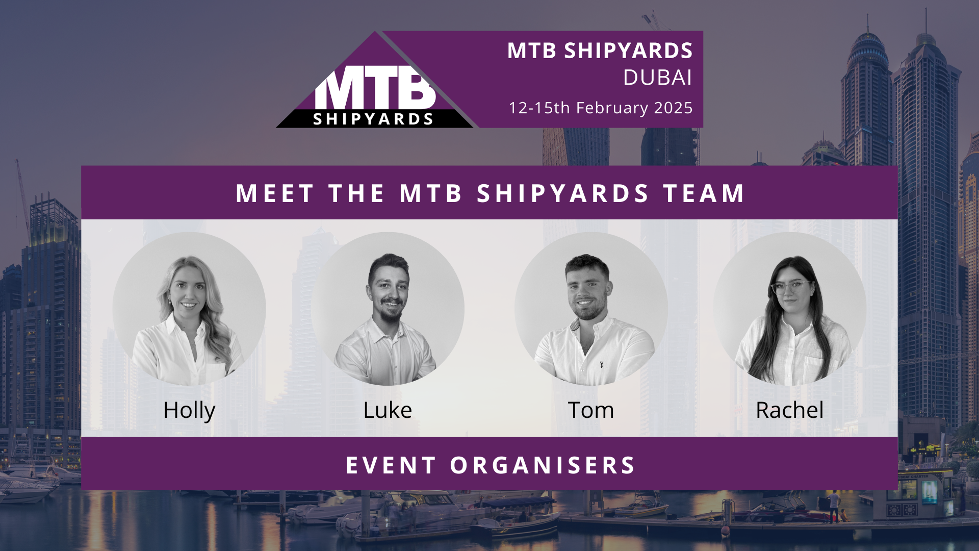 MTB Shipyards sets sail for global connections and innovation, MTB Events. Image shows the meet the team image featuring 4 members of the MTB Shipyards team.
