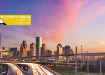 MTB Marine Americas welcomes global industry leaders to Houston, MTB Events. Image shows a skyline of Houston city from the road at sunset with the sky coloured purple and pink with the MTB Marine Americas logo above the buildings