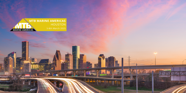 MTB Marine Americas welcomes global industry leaders to Houston, MTB Events. Image shows a skyline of Houston city from the road at sunset with the sky coloured purple and pink with the MTB Marine Americas logo above the buildings