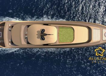 Allstars Design Unveils LAYRA and AURA: Two Exclusive Superyacht Concepts Presented at MTB Superyacht 2025, MTB Events. Image shows the Project Aura concept art of a golden coloured superyacht sailing on dark blue water
