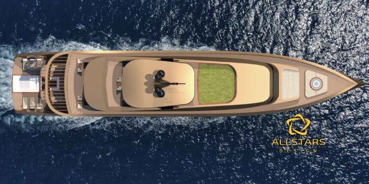 Allstars Design Unveils LAYRA and AURA: Two Exclusive Superyacht Concepts Presented at MTB Superyacht 2025, MTB Events. Image shows the Project Aura concept art of a golden coloured superyacht sailing on dark blue water