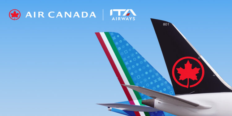 Image sows the tail of two aircraft with logos of Air Canada and ITA Airways. Air Canada and ITA Airways Launch New Codeshare Agreement to Expand Travel Options Between Canada, Italy, and Beyond, MTB Events.