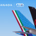 Image sows the tail of two aircraft with logos of Air Canada and ITA Airways. Air Canada and ITA Airways Launch New Codeshare Agreement to Expand Travel Options Between Canada, Italy, and Beyond, MTB Events.
