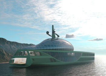 Image shows the concept art of the superyacht called Project DROP, the yacht is green in colour with a large glass dome on top, it is shown on the sea with mountains in the background. Allstars Design redefines luxury with the unveiling of Project DROP, MTB Events.