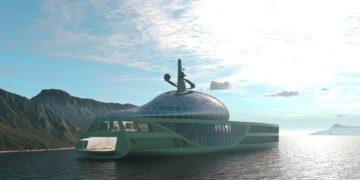 Image shows the concept art of the superyacht called Project DROP, the yacht is green in colour with a large glass dome on top, it is shown on the sea with mountains in the background. Allstars Design redefines luxury with the unveiling of Project DROP, MTB Events.