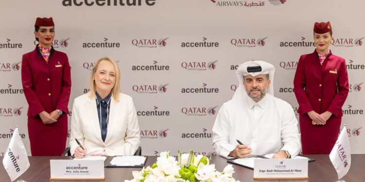 From left to right, Engr. Badr Mohammed Al-Meer, Qatar Airways’ Group CEO, Julie Sweet, Accenture Chair and Chief Executive Officer. Qatar Airways Partners with Accenture to Transform Aviation through Artificial Intelligence, MTB Events.