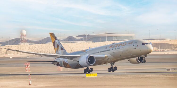 Image shows an Etihad plane taking off. Record Numbers for Etihad Airways as Profits and Passengers Soar in 2025, MTB Events.