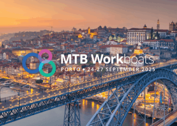Image shows a cityscape image of Porto, Portugal with the Luis Bridge and the Douro River during sunset with the MTB Workboats logo overlaid in the centre. MTB Workboats heads to Porto with a focus on Collaboration and Opportunity, MTB Events.