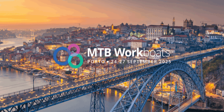 Image shows a cityscape image of Porto, Portugal with the Luis Bridge and the Douro River during sunset with the MTB Workboats logo overlaid in the centre. MTB Workboats heads to Porto with a focus on Collaboration and Opportunity, MTB Events.