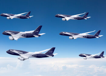 Image shows a render of six planes with the anniversary livery along the side, all in the sky with white clouds on the bottom. Lufthansa Marks 100 Years with Iconic ‘Anniversary Fleet’, MTB Events.