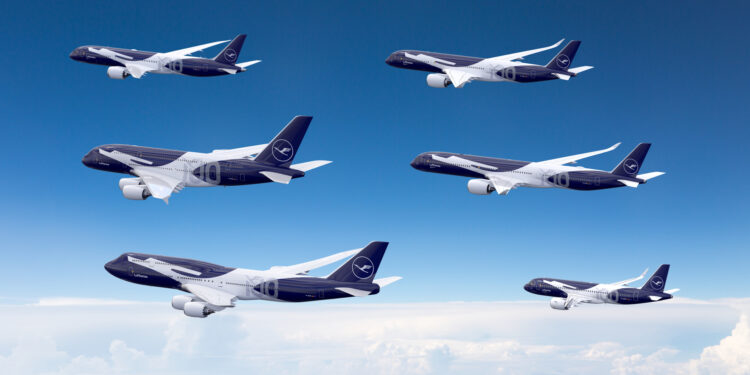 Image shows a render of six planes with the anniversary livery along the side, all in the sky with white clouds on the bottom. Lufthansa Marks 100 Years with Iconic ‘Anniversary Fleet’, MTB Events.
