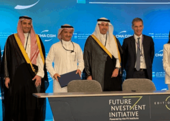 Image shows the contract signing event with six people standing behind a desk. RSGT and CMA CGM to Develop Next-Generation Terminal in Jeddah, MTB Events.