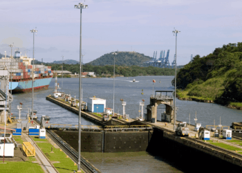 Image shows the container ship leaving the Miraflores lock, in Panama, towards the Pacific Ocean. Global Trade Artery Strengthens Panama’s Finances With Multibillion Transfer, MTB Events.