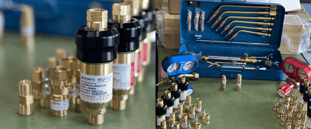 Image shows a collection of gold parts standing on a table with the tag, Flashback Arrestor. Roussakis Supplies Expands Global Reach Following Successful Engagement at MTB Marine Europe, MTB Events.