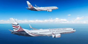 Image shows a digitally created image of two aircraft flying along side each other with ACG livery down the sides. ACG Reinforces Growth Strategy with 50 Boeing 737 MAX Aircraft, MTB Events.