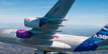 Image shows an Airbus A380 flying across the countryside. Industry Collaboration Drives Breakthrough in Composite Reuse, MTB Events.