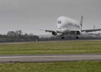 Image shows the Airbus' BelugaST coming into land. BelugaST Begins New Chapter as UK STEM Education Facility, MTB Events.