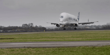 Image shows the Airbus' BelugaST coming into land. BelugaST Begins New Chapter as UK STEM Education Facility, MTB Events.