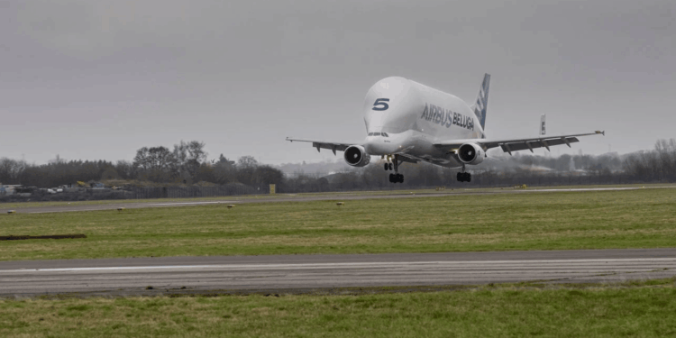 Image shows the Airbus' BelugaST coming into land. BelugaST Begins New Chapter as UK STEM Education Facility, MTB Events.