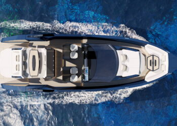 Image shows a top down birds eye view of one of the yachts sailing on the water. Manari Yachts Debuts a New Vision for Modern Yachting, MTB Events.