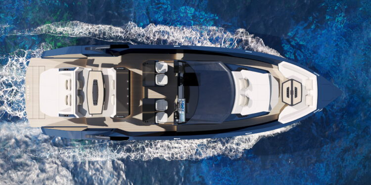 Image shows a top down birds eye view of one of the yachts sailing on the water. Manari Yachts Debuts a New Vision for Modern Yachting, MTB Events.