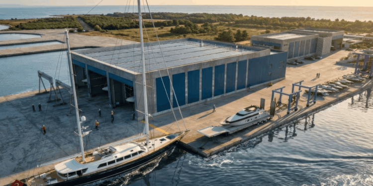 Image shows a mock-up design of what the shipyard will look like in the future. Construction Begins on RMK Yachts’ Next-Generation Shipyard, MTB Events.