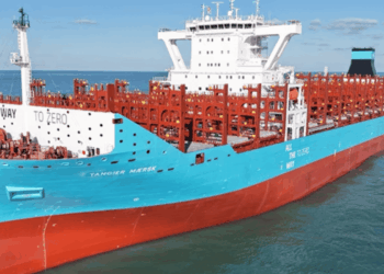 Image shows a medium sized vessel sailing on the ocean, the bottom of the ship is red while the top half is blue. Maersk Expands Mid-Size Fleet with First Dual-Fuel Vessel, MTB Events.