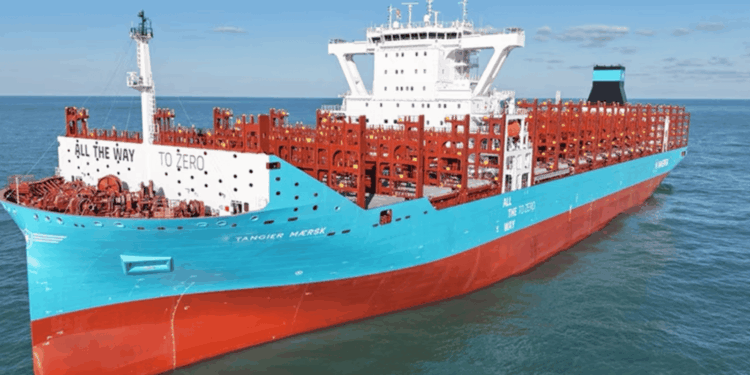 Image shows a medium sized vessel sailing on the ocean, the bottom of the ship is red while the top half is blue. Maersk Expands Mid-Size Fleet with First Dual-Fuel Vessel, MTB Events.