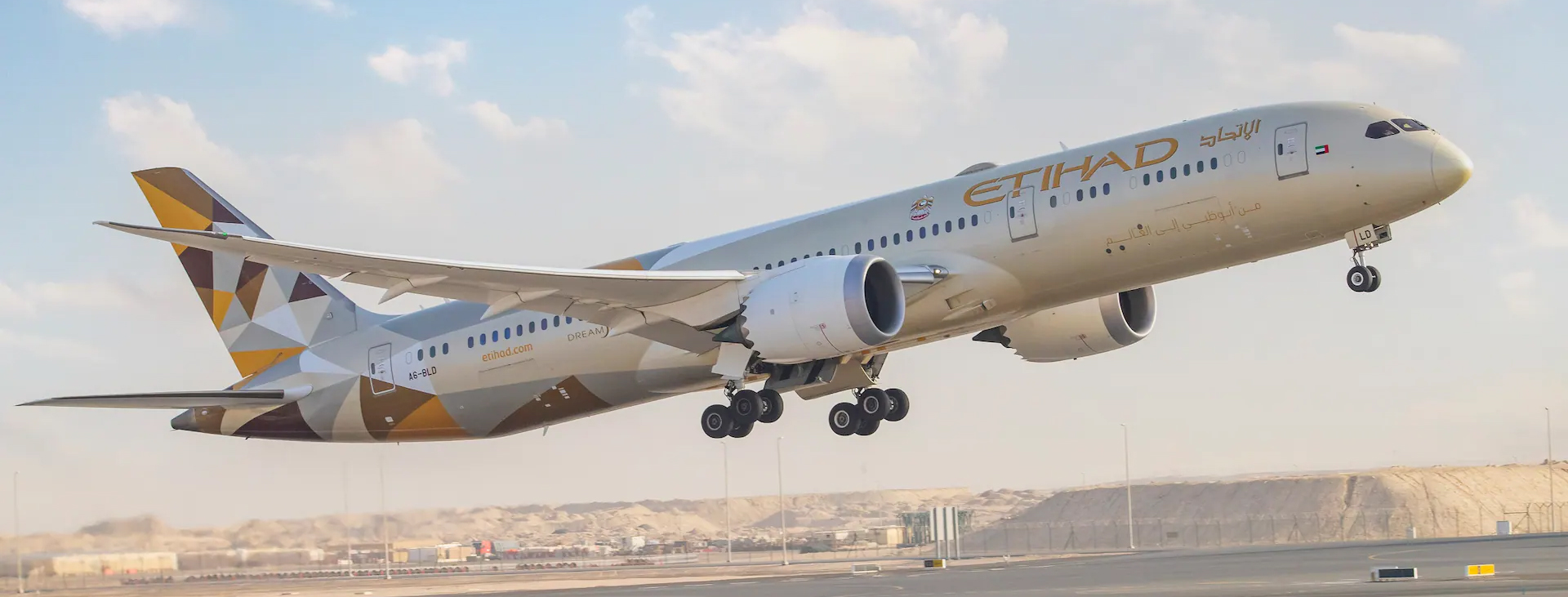 Etihad Airways announces new route to Osaka, Japan. MTB Events. Image shows Etihad branded boeing 787-9 taking off in a sunset