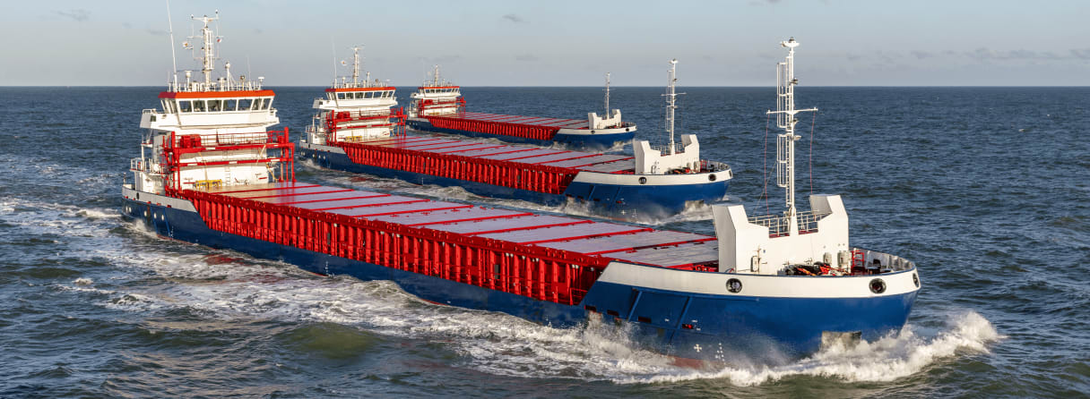 Three new CF 3850 have been agreed by Damen Shipyards & Feyz Group, MTB Events, Image shows 3 Damen Combi Freight 3850 sailing alongside each other