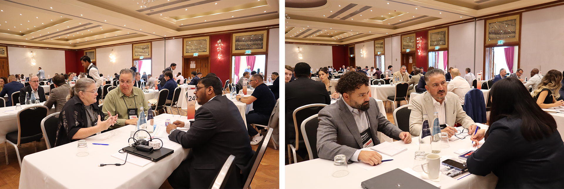 MTB celebrates another successful Aviation event, Image shows 3 aviation delegates having a meeting in a large hall with lots of other meetings taking place.