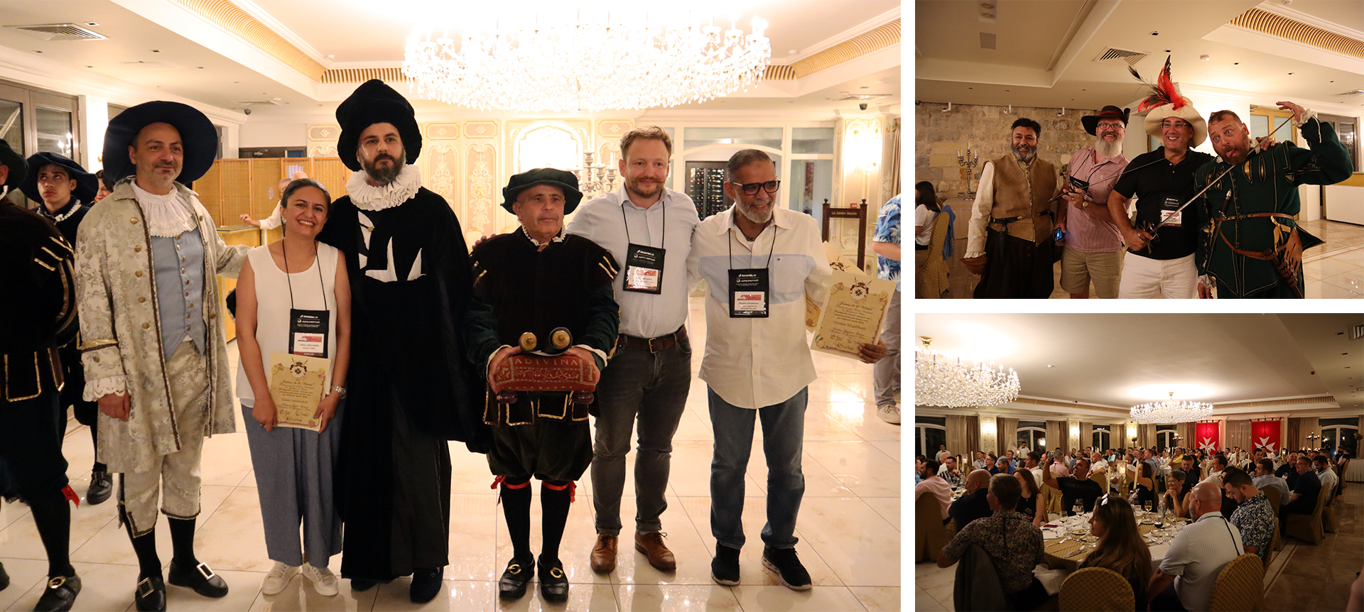 MTB celebrates another successful Aviation event, Image shows the three knighted delegates alongside the traditional actors. Secon image shows all Aviation delegates sat at dinner tables in traditional Maltese restaurant. Third image shows two aviation delegates with hats and swords posing with Maltese actors.