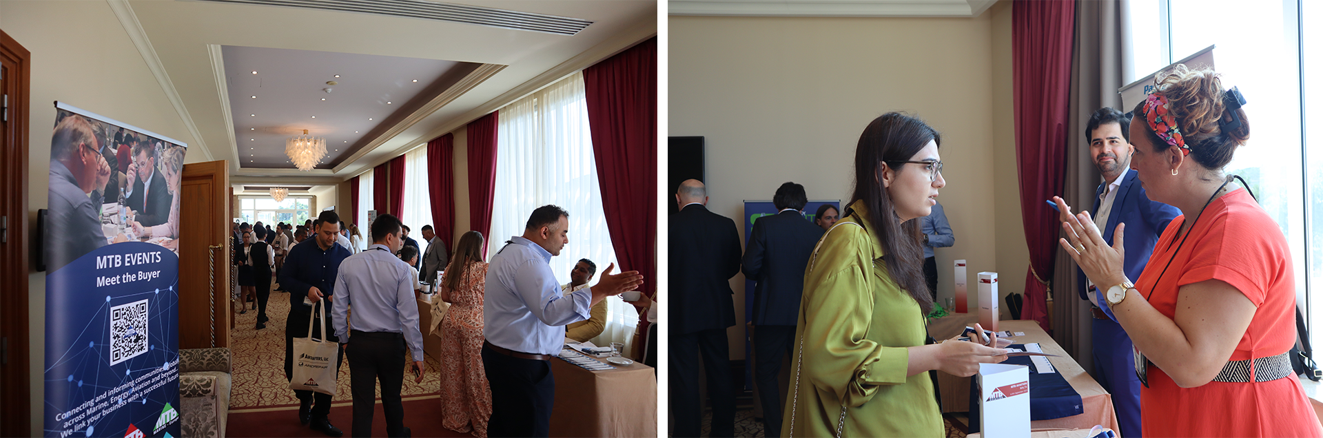 MTB celebrates another successful Aviation event. First image shows a long hallway with lots of supplier tables and people walking around. Second image shows two aviation delegates talking.