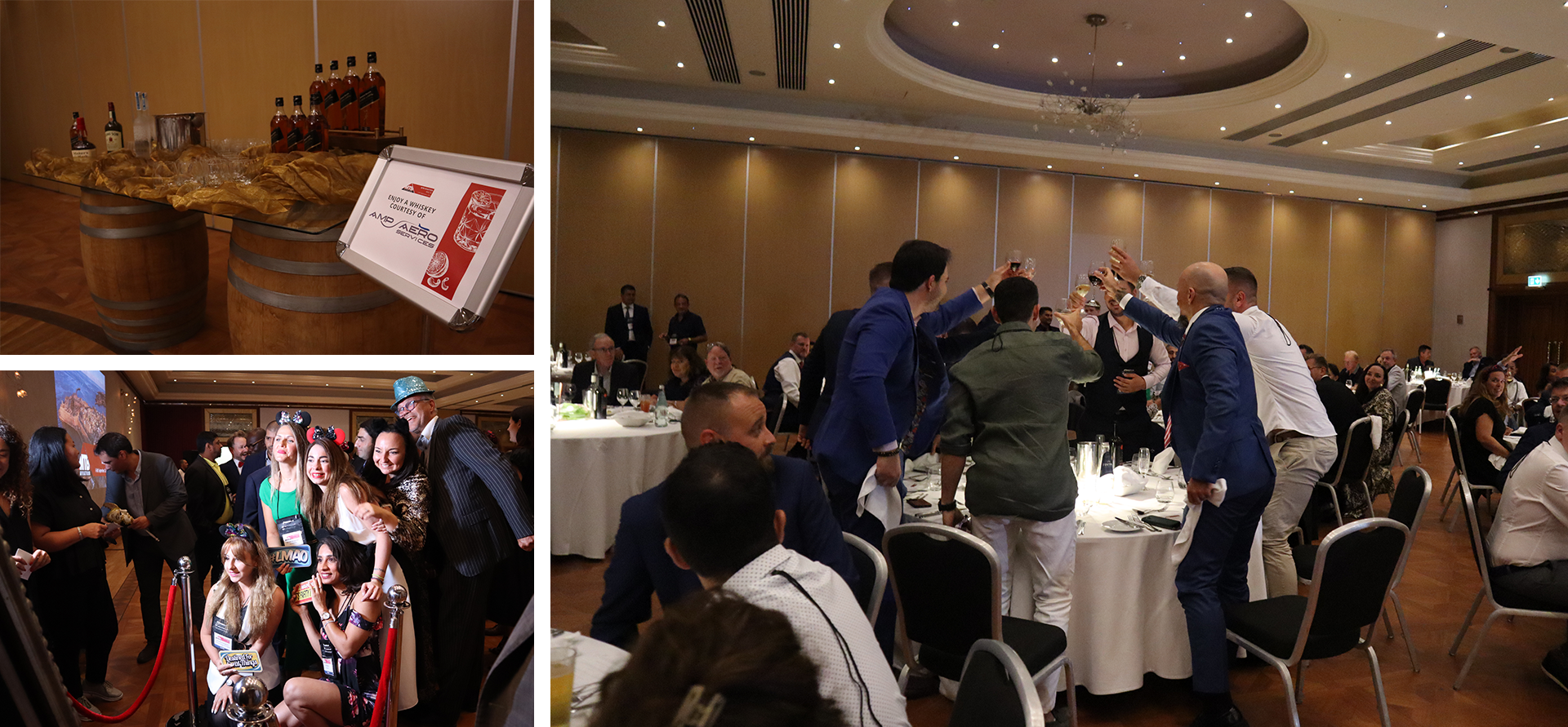 MTB celebrates another successful Aviation event, Image shows the whiskey bar sponsored by AMP Aero services. Image shows aviation delegates standing in front of a photo mirror with props and hats. Image shows a table of aviation delegates standing and cheersing their glasses together.